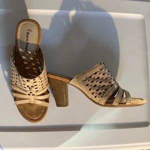 Bear Traps 7.5 slide-in 3.25” Heels. Leather uppers with studs, manmade soles.